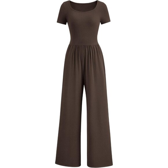 Pants - Women's Coffee Summer Short Sleeve Square Neck Wide Leg Rompers Jumpsuits